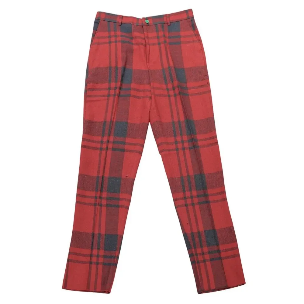 Mens 32 Red Gray Plaid Cotton Pants Straight Fit Flat Front Dress Trousers NWT